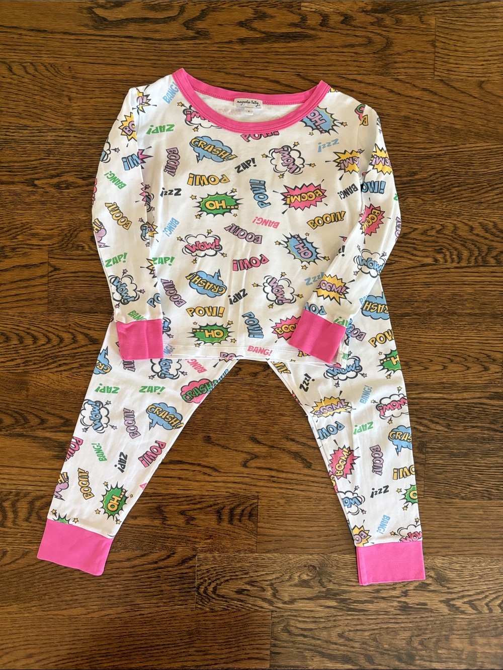Girls White Comic-Print Pajama Set with Pink Trim